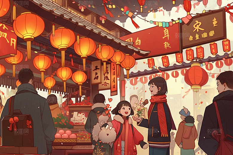 春节买年货街市喜庆插画