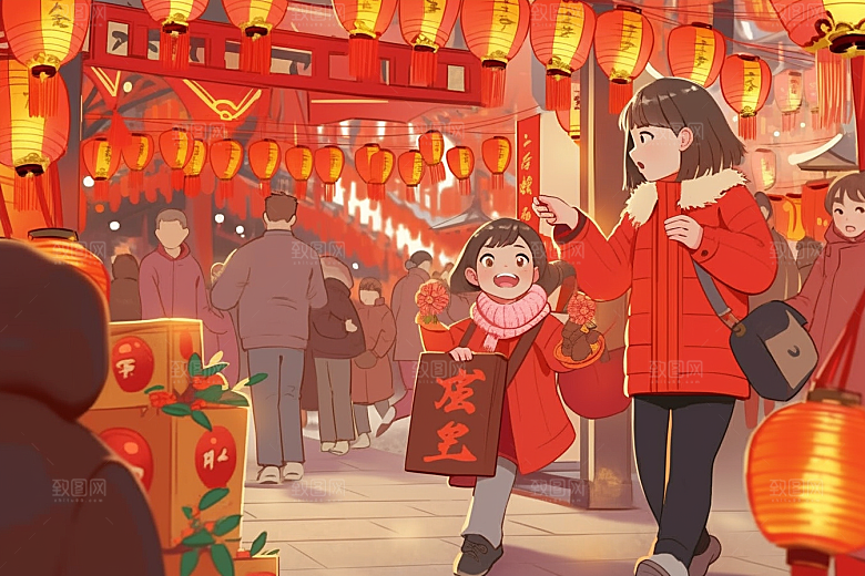 春节买年货购物高清插画