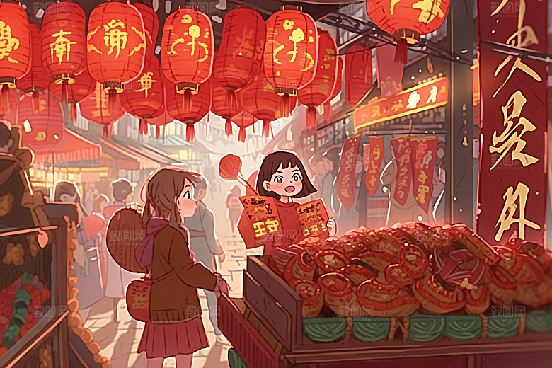 春节买年货喜庆手绘插画