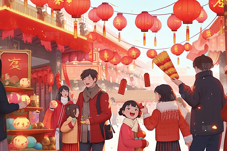 春节买年货街市采购插画