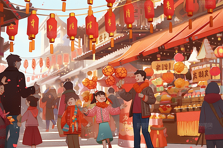 春节买年货购物快乐插画
