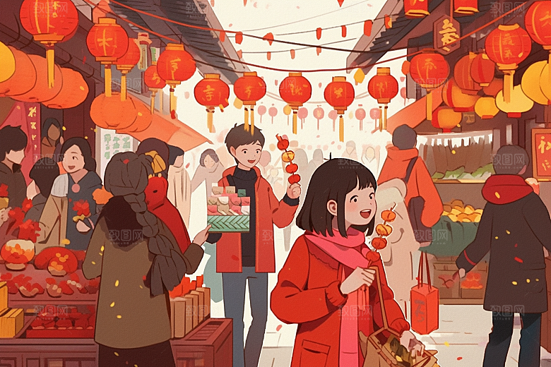春节买年货新年采购插画