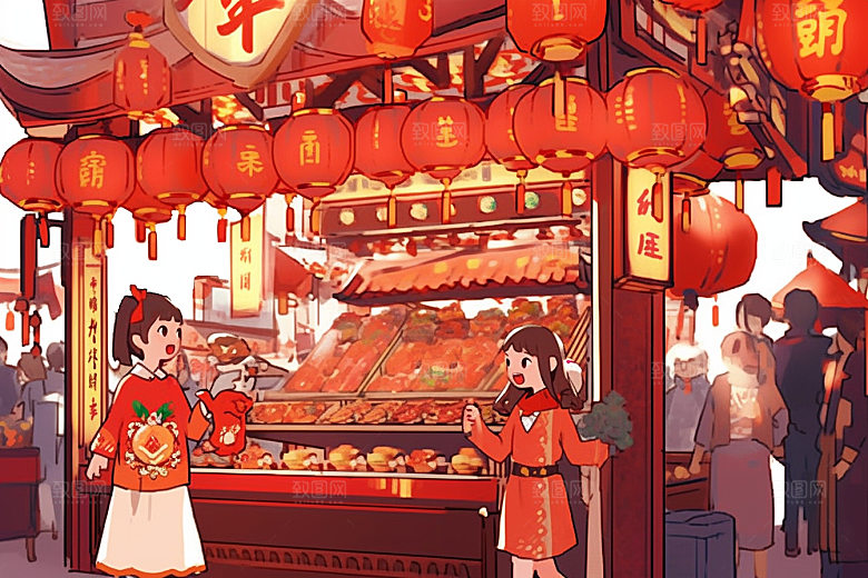 春节买年货喜庆街市插画