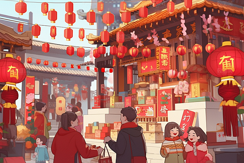 春节买年货过年快乐插画