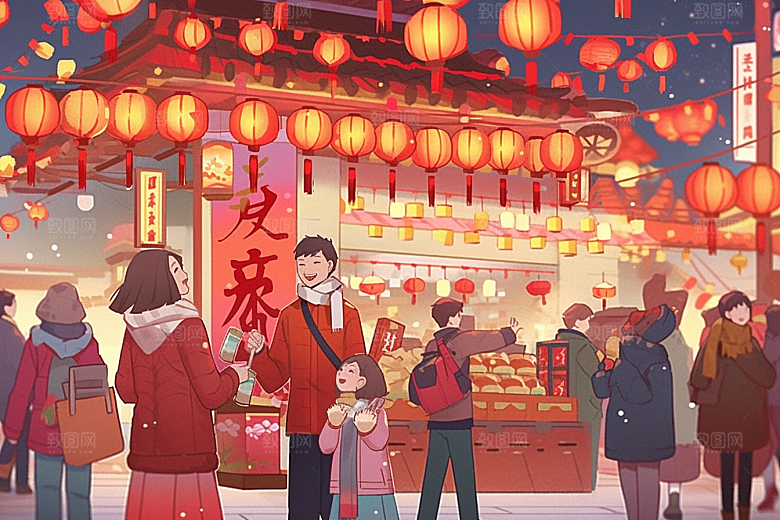 春节买年货开心喜庆插画