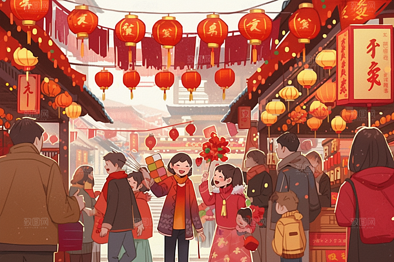 春节买年货高清市集插画