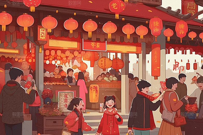 春节买年货采购市集插画