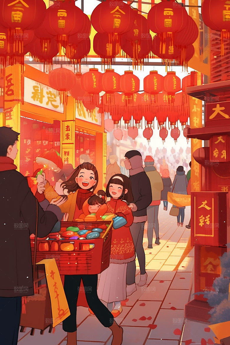 春节买年货购物喜庆插画