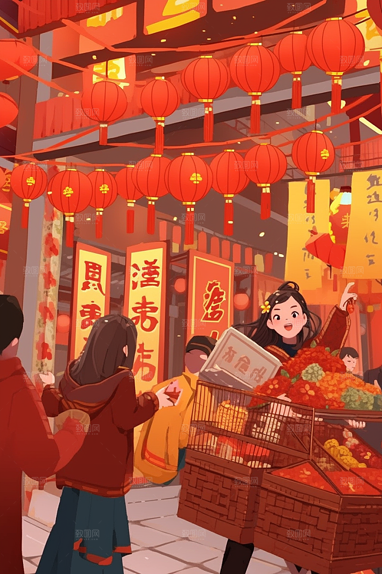 春节买年货市集采购插画
