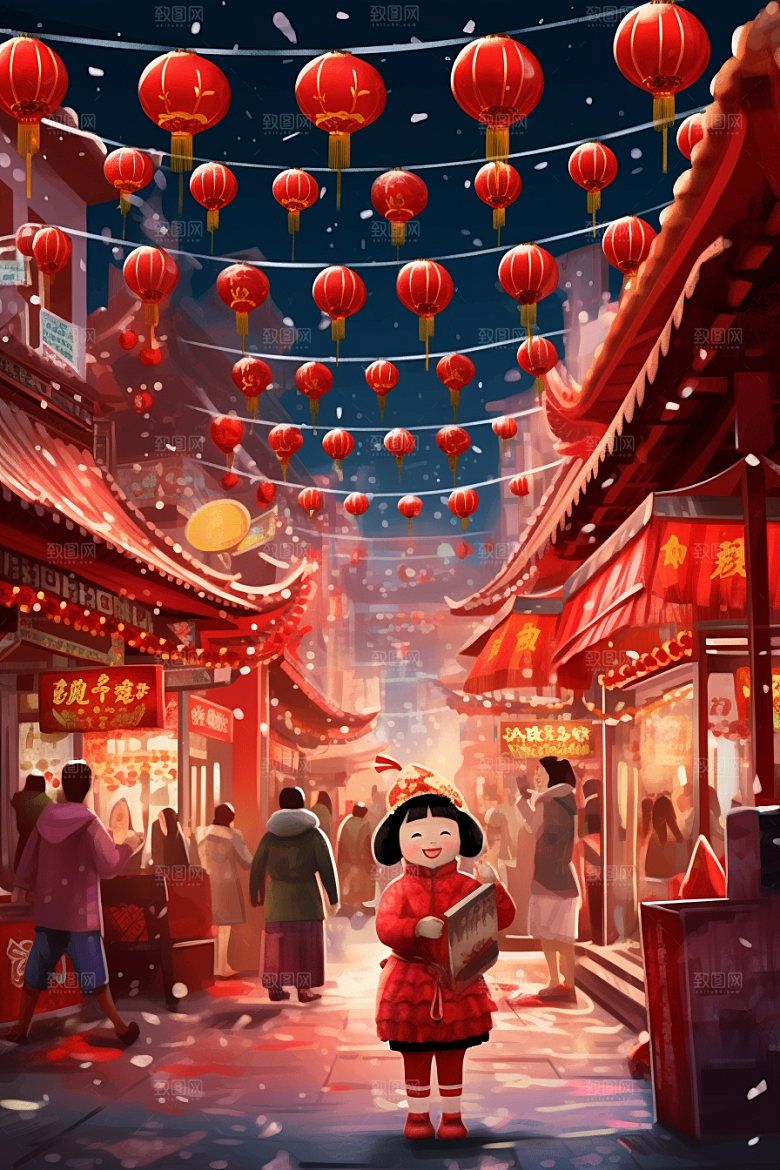 春节买年货快乐新年插画