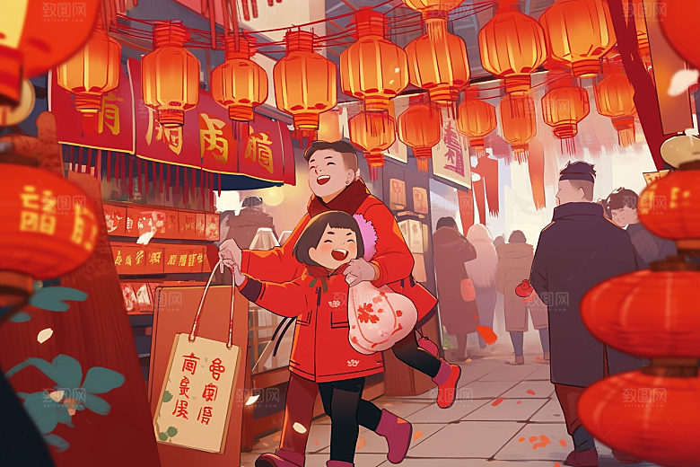 春节买年货街市市集插画