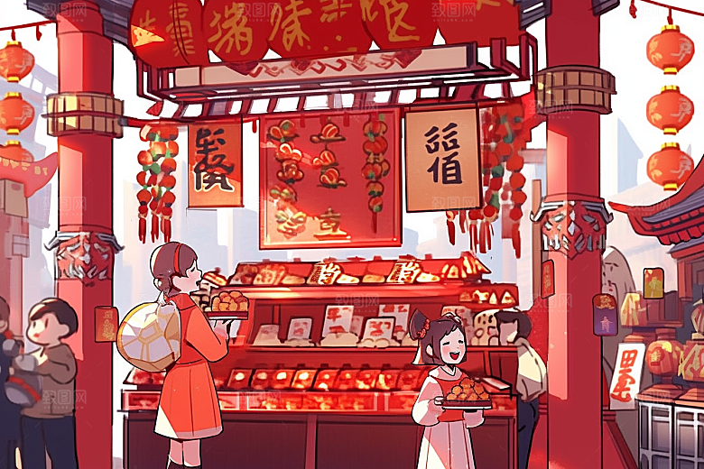 春节买年货手绘新年插画