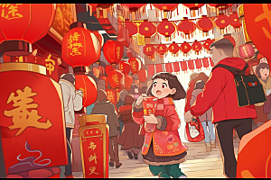 春节买年货市集新年插画