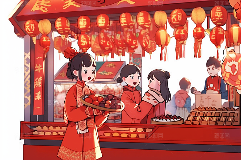 春节买年货街市市集插画