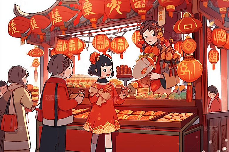 春节买年货街市市集插画