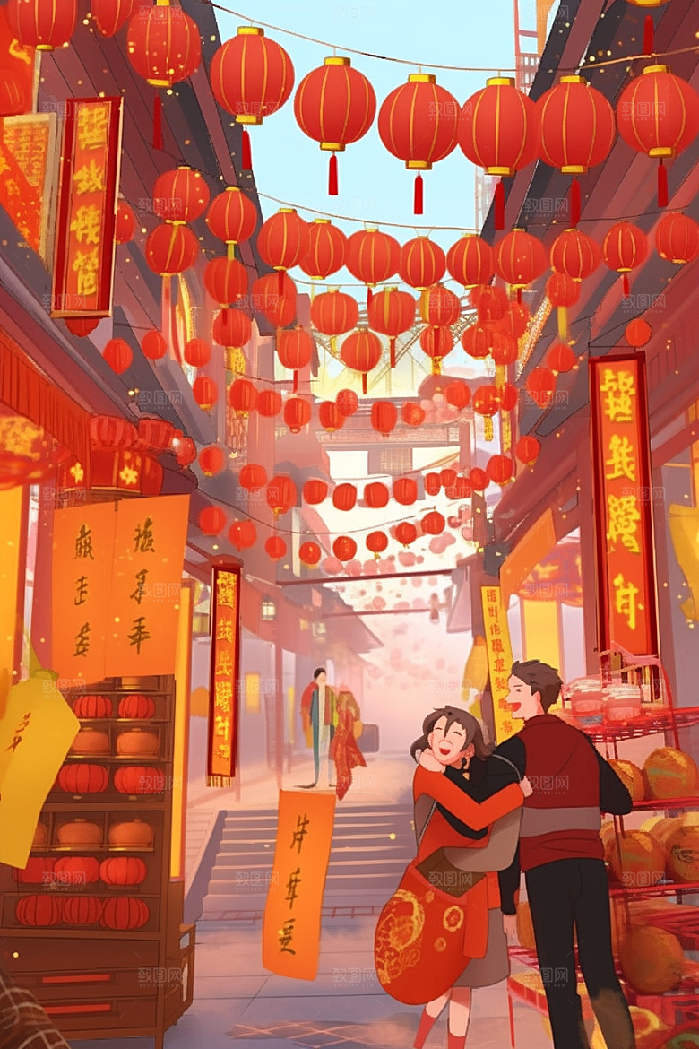 春节买年货购物市集插画