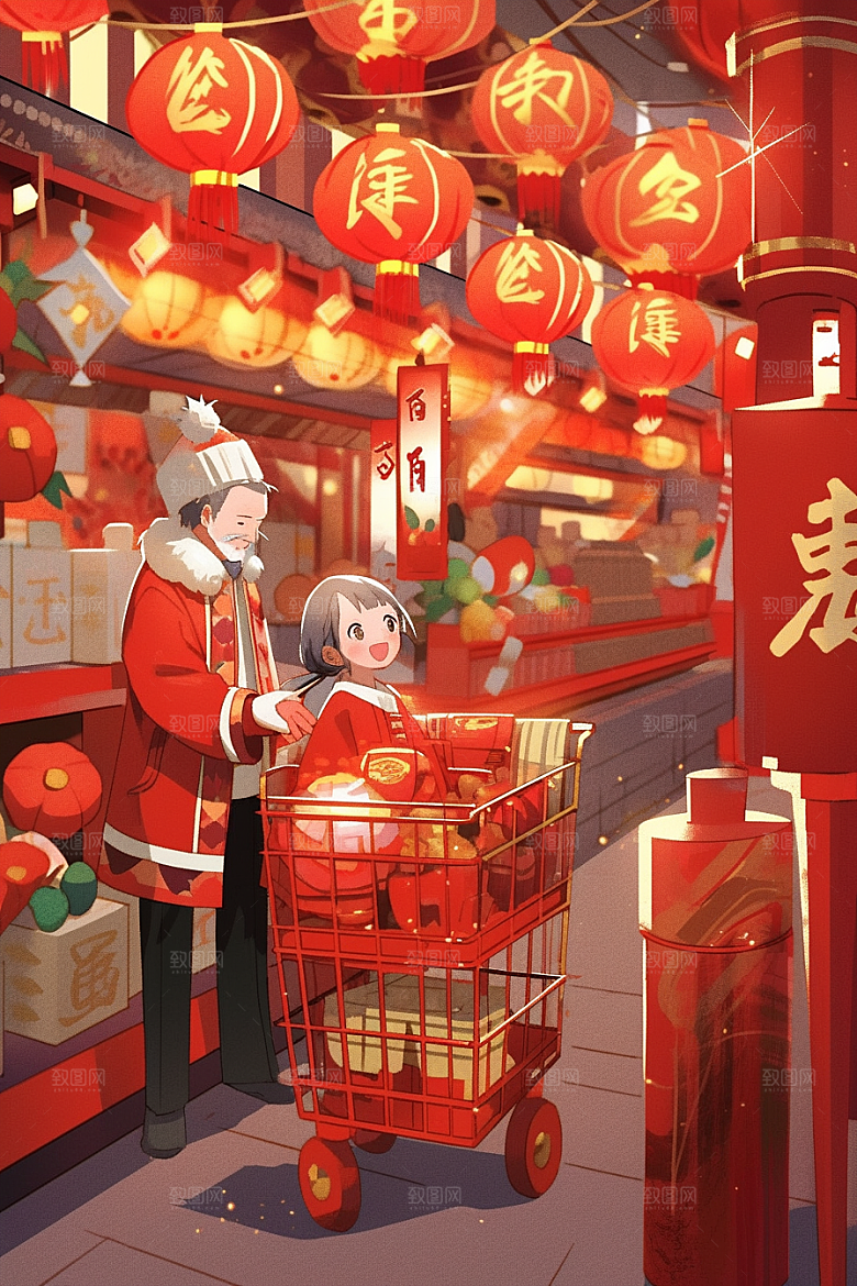 春节买年货街市开心插画
