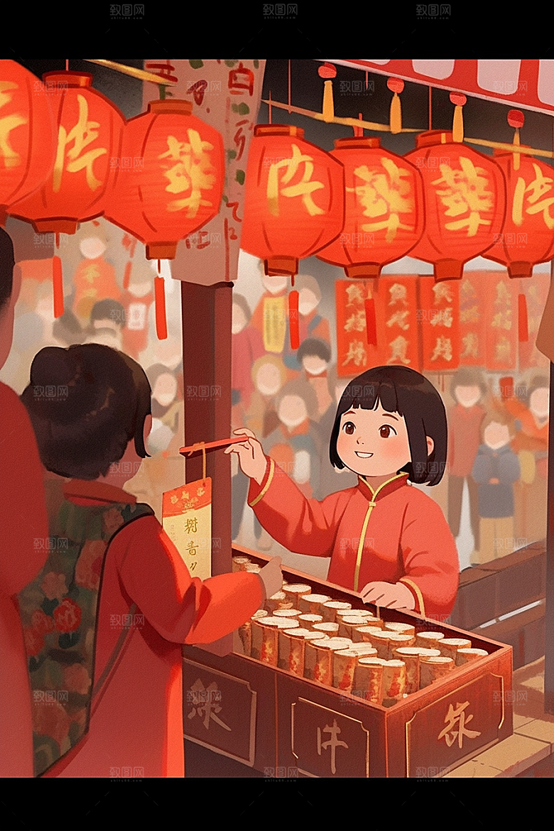 春节买年货喜庆开心插画