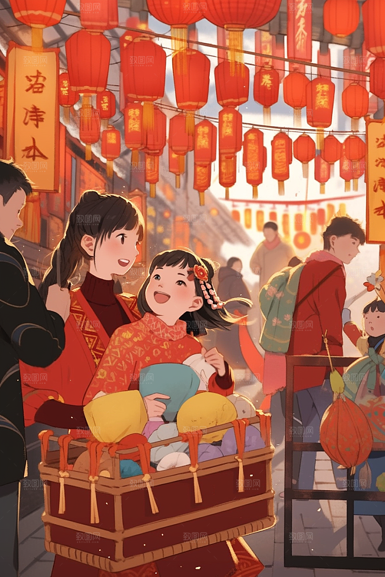 春节买年货喜庆过年插画