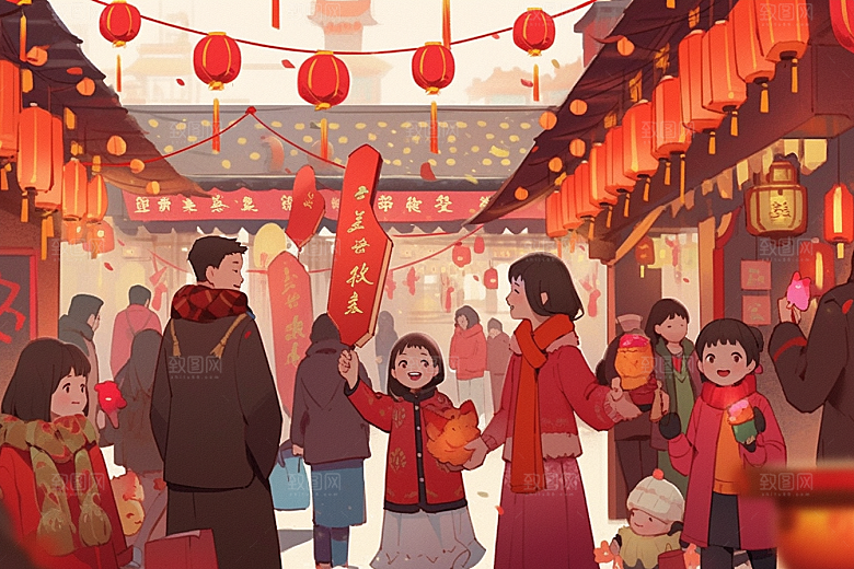 春节买年货开心街市插画