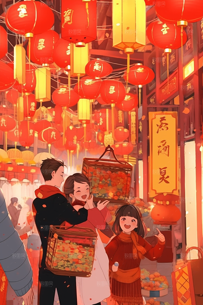春节买年货快乐市集插画