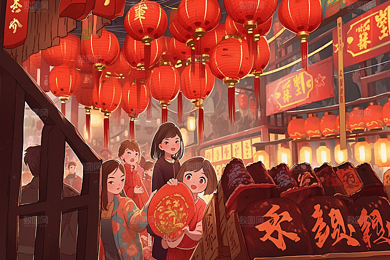 春节买年货喜庆快乐插画