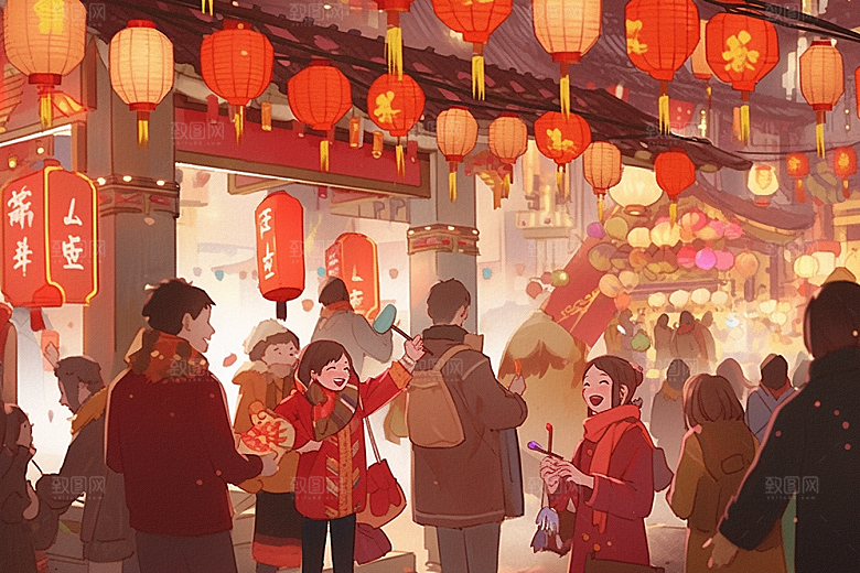 春节买年货购物街市插画