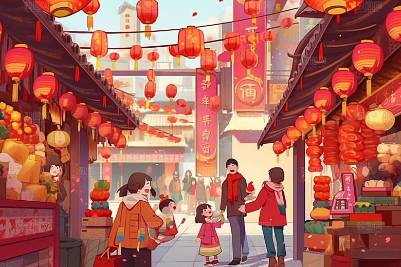 春节买年货手绘市集插画