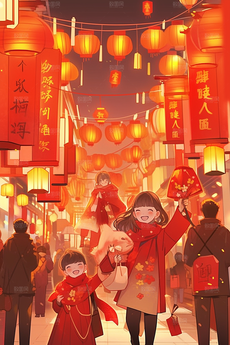 春节买年货喜庆新年插画