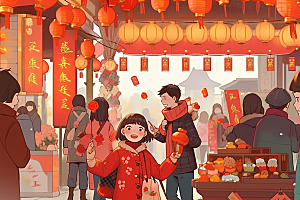 春节买年货快乐采购插画