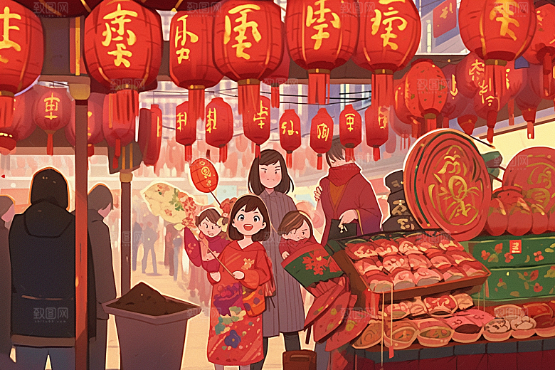 春节买年货快乐过年插画