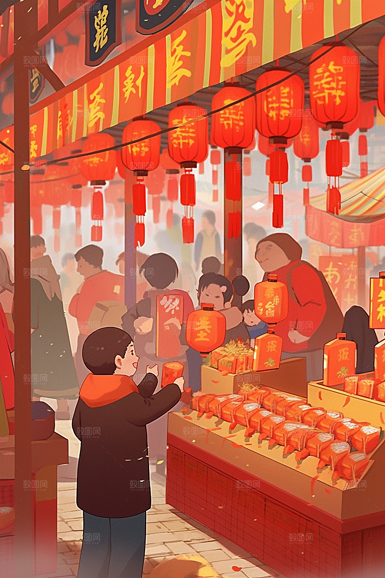 春节买年货采购快乐插画