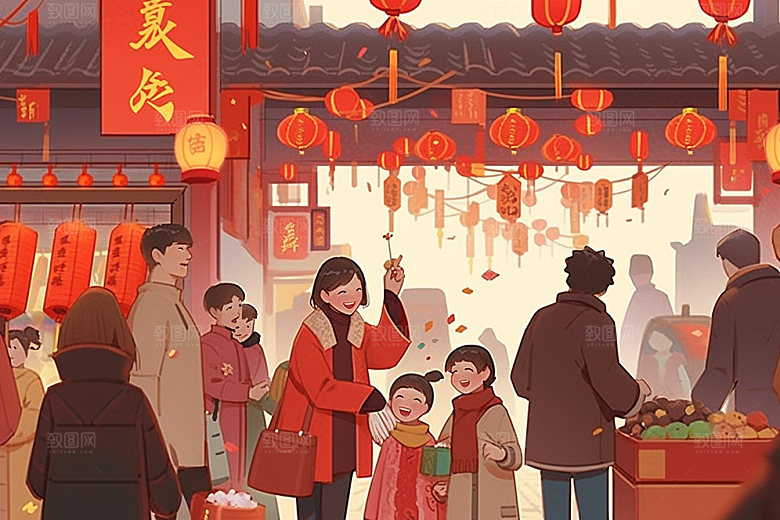 春节买年货快乐街市插画