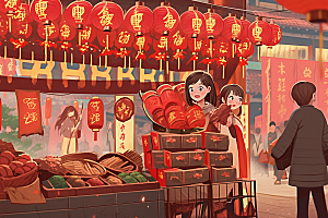 春节买年货市集手绘插画