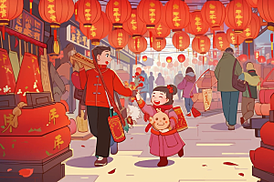 春节买年货喜庆街市插画