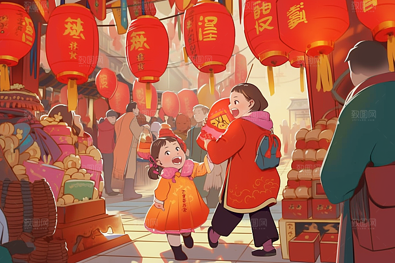 春节买年货购物采购插画