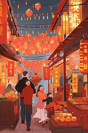 春节买年货开心街市插画