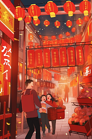 春节买年货购物街市插画