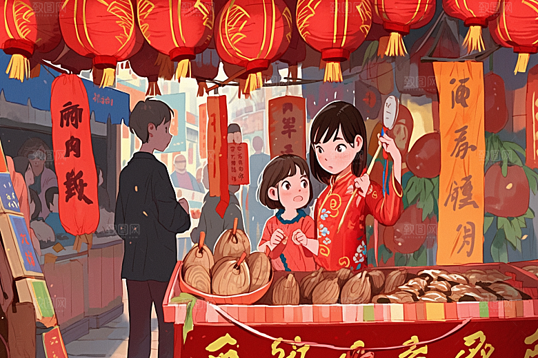 春节买年货街市采购插画