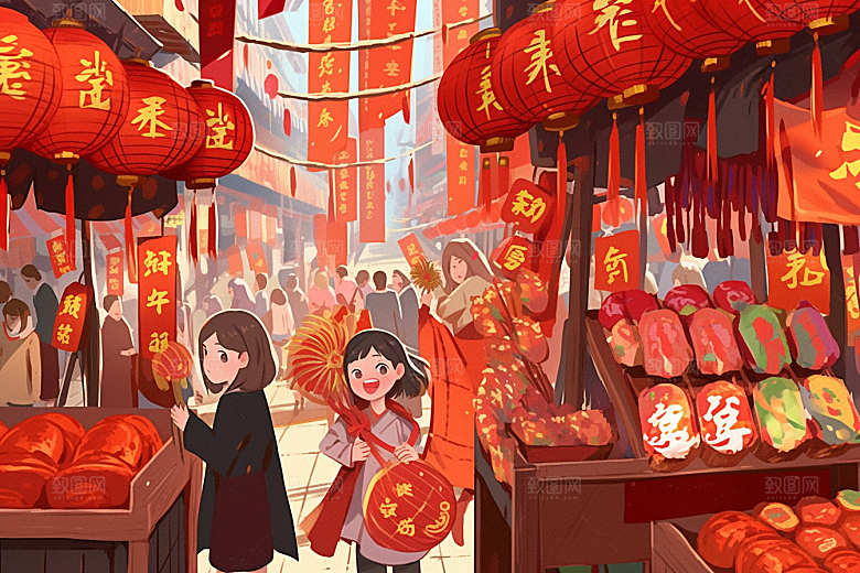 春节买年货喜庆手绘插画