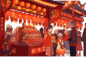 春节买年货街市快乐插画