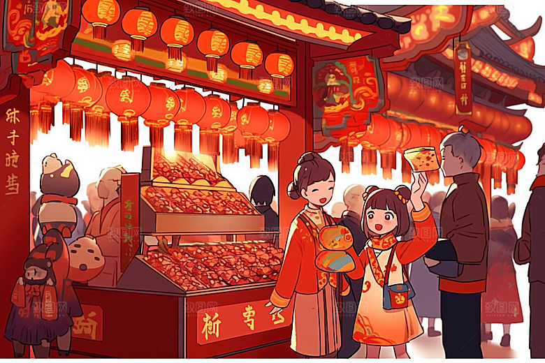春节买年货街市快乐插画