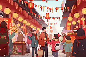 春节买年货街市新年插画