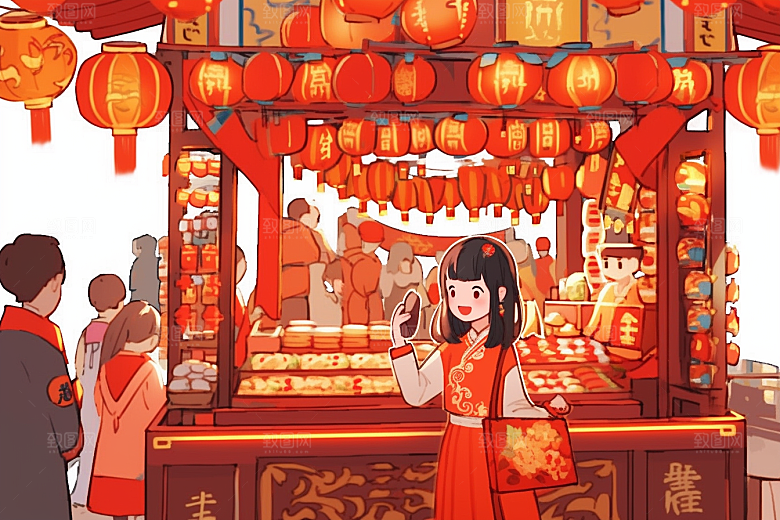 春节买年货高清手绘插画
