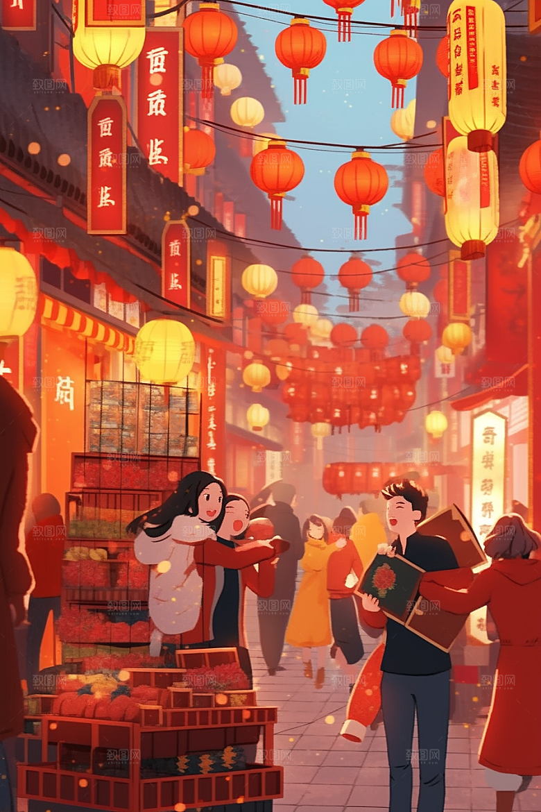 春节买年货高清喜庆插画