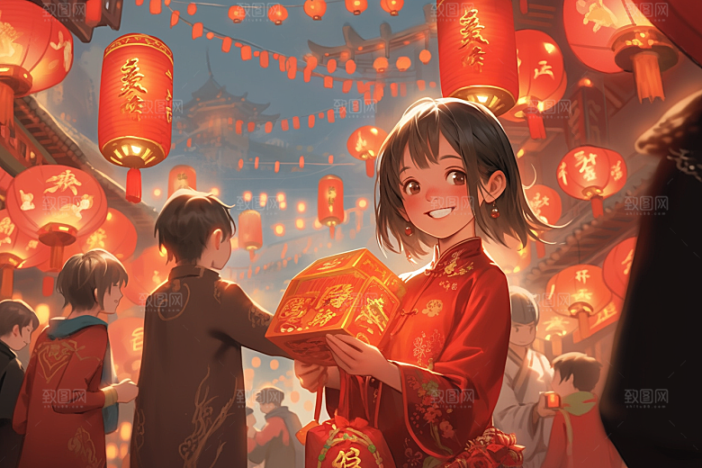 春节买年货喜庆开心插画