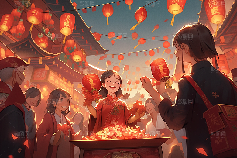 春节买年货高清手绘插画