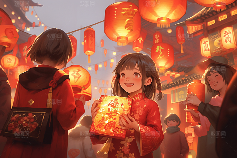 春节买年货过年手绘插画