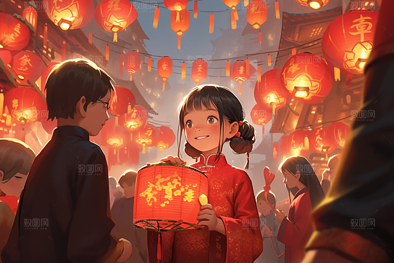 春节买年货市集过年插画