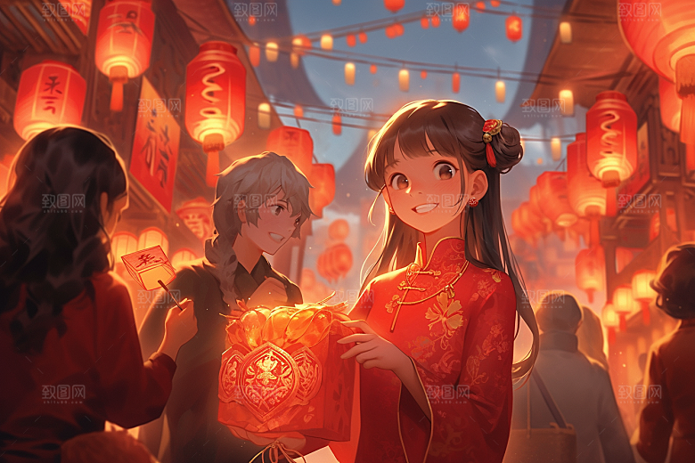 春节买年货过年街市插画